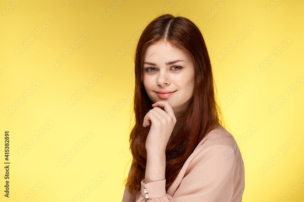 beautiful woman attractive look cropped view yellow isolated background beautiful woman attractive look cropped view yellow isolated background