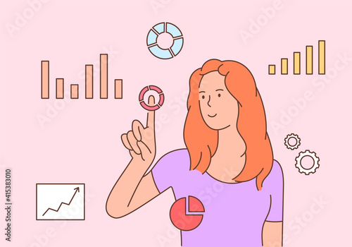Visual data analytics diagrams concept. Young Smart business woman analyzing data on Projection Screen. Flat vector illustration