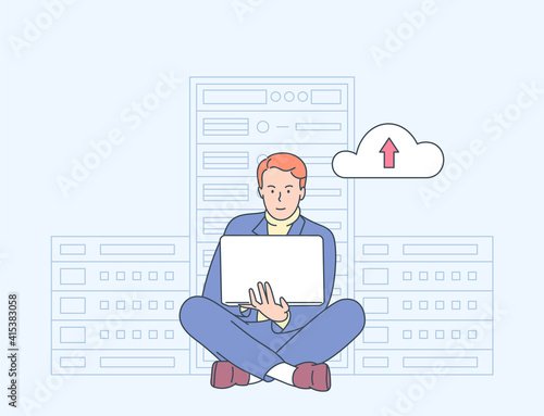 Online security, data protection, antivirus software, cloud hosting concept. Young man IT administrator working in server room for hardware diagnostic.