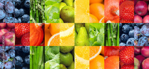 Background of healthy vegan food, fruits and vegetables, thirty images of apples, strawberries, pumpkins, oranges, lemons, pears, salad, asparagus, blueberries and plums