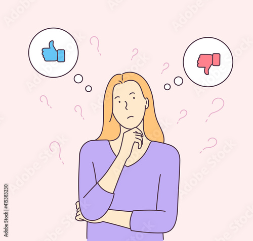 Choice, thinking, doubt, problem concept. Young girl woman standing confusedly to choose yes or no. Modern flat illustration