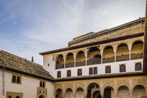 Inside the Nasrid palaces, the interior courtyard of these beautiful palaces, parts of the Alhambra complex in Granada, Andalusia (Spain)