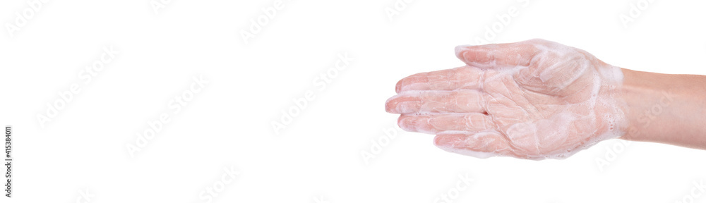 Hand with soap foam, isolated on white background. Hand with soap foam, isolated on white background.