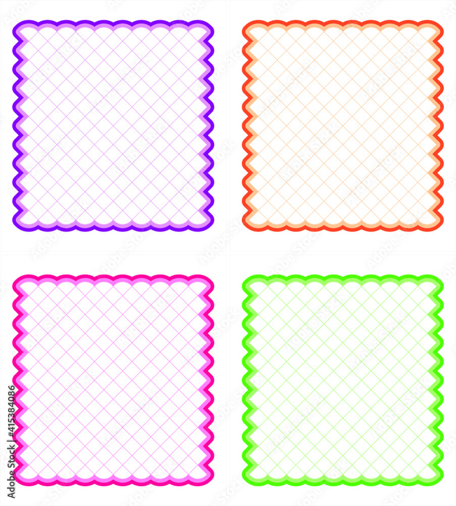 set of frames, four rectangular white frames with multi-colored wavy edges with a thin oblique square mesh background, vector set of frames, four rectangular white frames with multi-colored wavy edges with a thin oblique square mesh background, vector