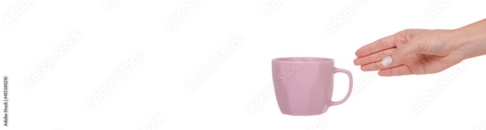 Hand with purple clay cup for tea. Isolated on white background. Hand with purple clay cup for tea. Isolated on white background.