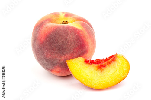 Summer fruit background. Ripe juicy peaches on white background. Copy space. Fresh organic fruit vegan food. Harvest concept