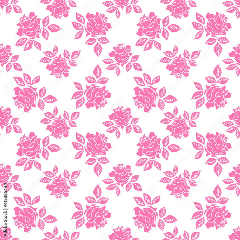Fototapeta premium Seamless pattern with pink roses on a white background.