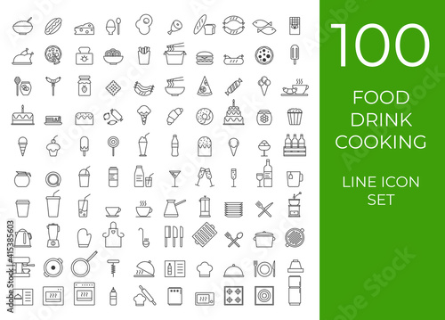 Set of Simple 100 kitchen icons in trendy line style isolated on white background for web apps and mobile concept. Vector Illustration EPS10