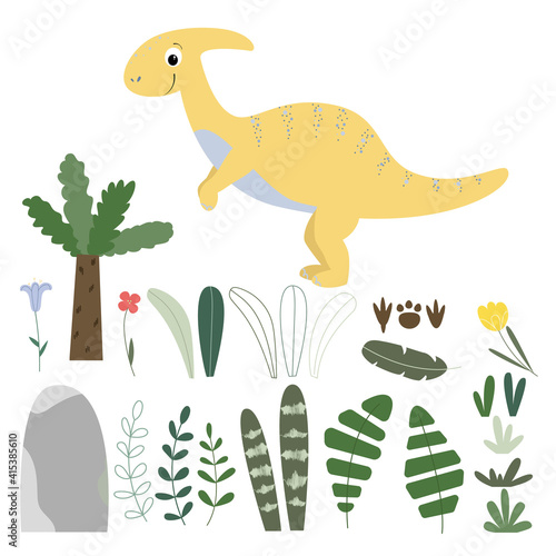 Cute parasaurolophus with tropical leaves, palm, fern, grass, footprints and flowers. Kids vector illustration. . Funny cartoon dinosaur, ancient herbivore reptile. Yellow animal.