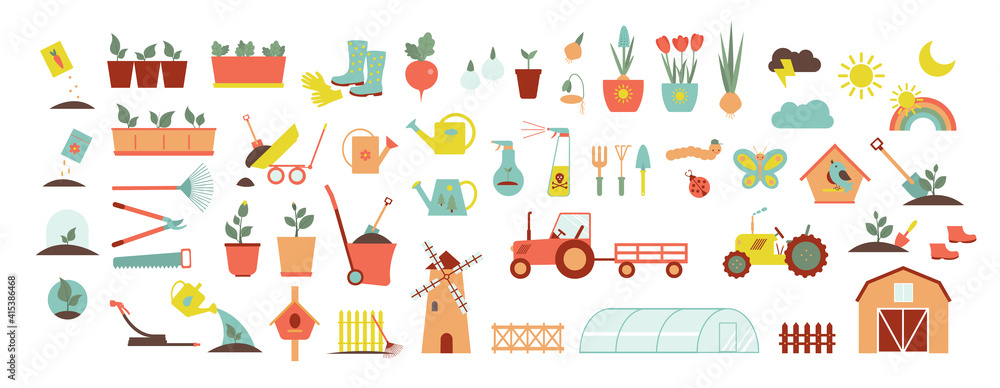 A set of icons for farm and agriculture. Plants and gardening tools. Plant planting and plant care. Flower business. Agricultural machinery and technology. Icons like farmer, cultivation, plant, crop A set of icons for farm and agriculture. Plants and gardening tools. Plant planting and plant care. Flower business. Agricultural machinery and technology. Icons like farmer, cultivation, plant, crop