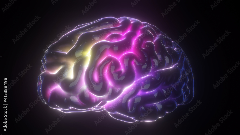 3d Rendered Illustration of Rotating Brain Model with Neural Network Iridescent Impulses. High quality photo 3d Rendered Illustration of Rotating Brain Model with Neural Network Iridescent Impulses. High quality photo