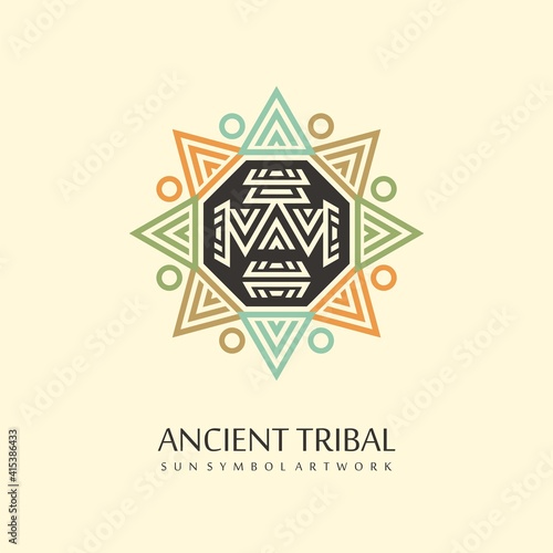 Ancient tribal creative native art symbol or tattoo design. Logo idea with Mayan or Aztec sun borders and glyph. Vector ornament.