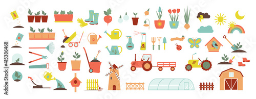 A set of icons for farm and agriculture. Plants and gardening tools. Plant planting and plant care. Flower business. Agricultural machinery and technology. Icons like farmer, cultivation, plant, crop