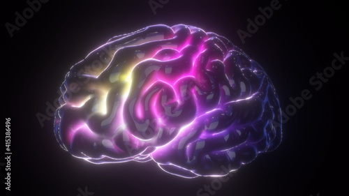Fototapeta Naklejka Na Ścianę i Meble -  3d Rendered Illustration of Rotating Brain Model with Neural Network Iridescent Impulses. High quality photo