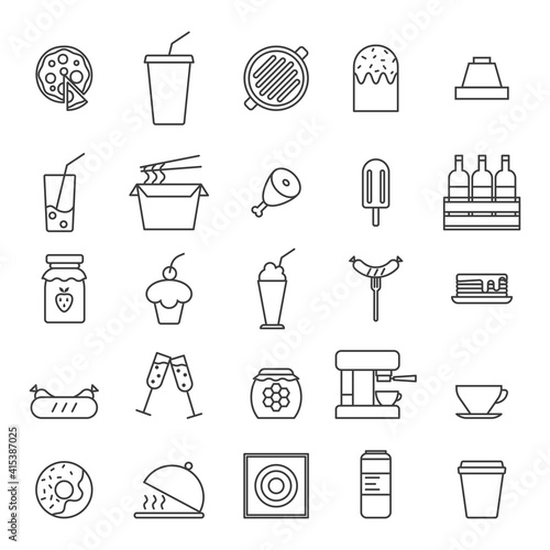 Set of Simple kitchen, food nad drink icons in trendy line style isolated on white background for web apps and mobile concept. Vector Illustration