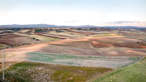 aerial view from drone at sunset with vivid color crop fields