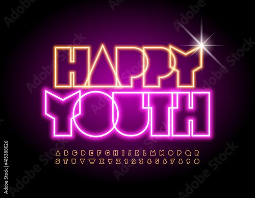Vector creative sign Happy Youth. Glowing light Font. Neon Abstract Alphabet Letters and Numbers set