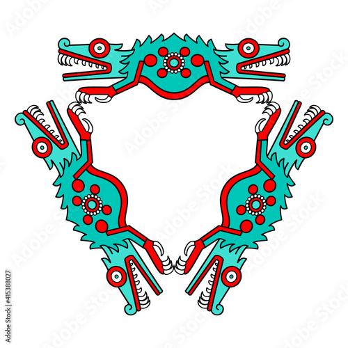 Colorful triangular shaped crocodile ornament, in Aztec style. Turquoise, red and black colored triangle, made of crocodile body halves, open mouths, and precious gems on bodies. Illustration. Vector