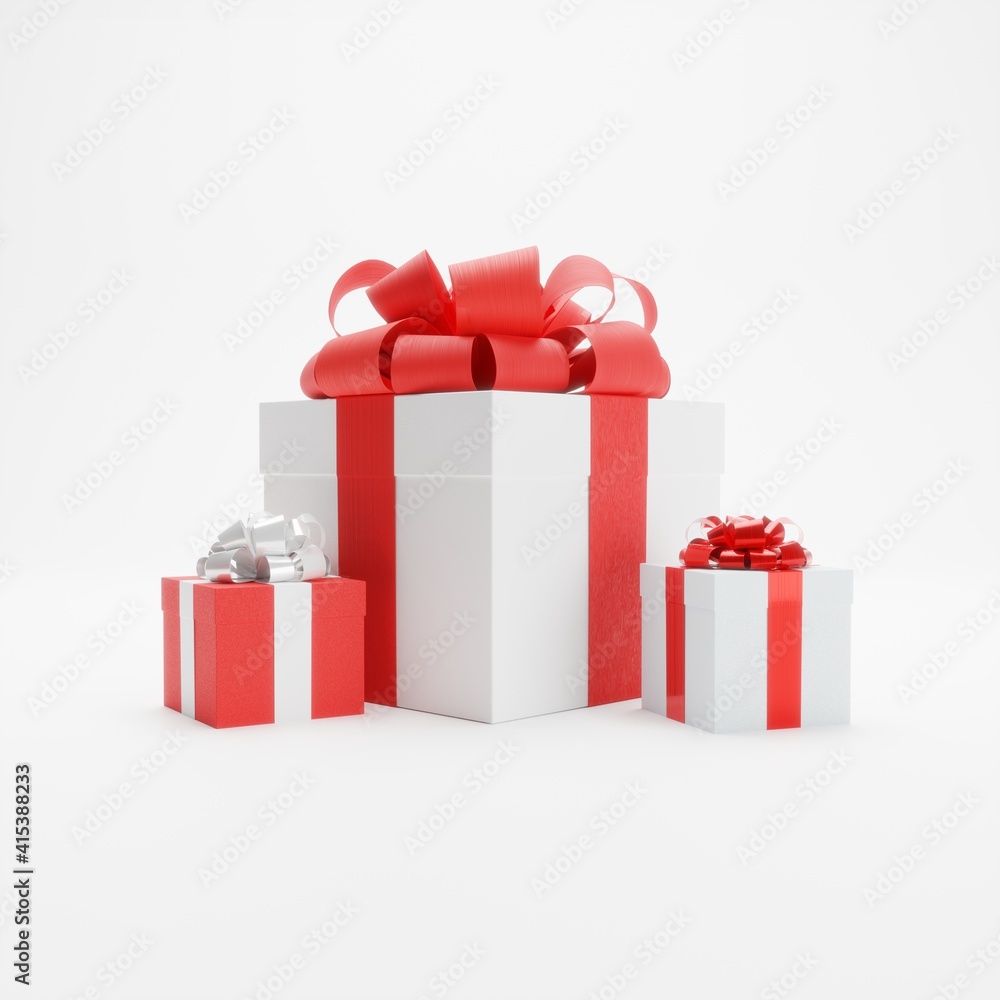 Fototapeta premium Red and white gift boxes with bows isolated on white background.