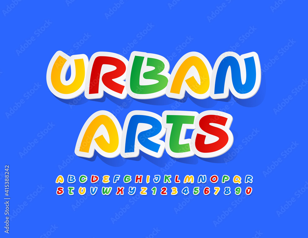 Vector creative sign Urban Arts. Sticker style Font. Colorful set of Alphabet Letters and Numbers