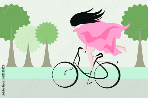 Abstract cartoon character of a cute girl riding bicycle. Loose fit dress and long hair develop in the wind. Hurry up. Outdoor scenes, natural environment. Flat minimal and simple illustration. 