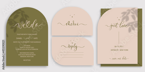 Modern wedding invitation, burnt green wedding invitation template, arch shape with leaf shadow and handmade calligraphy.