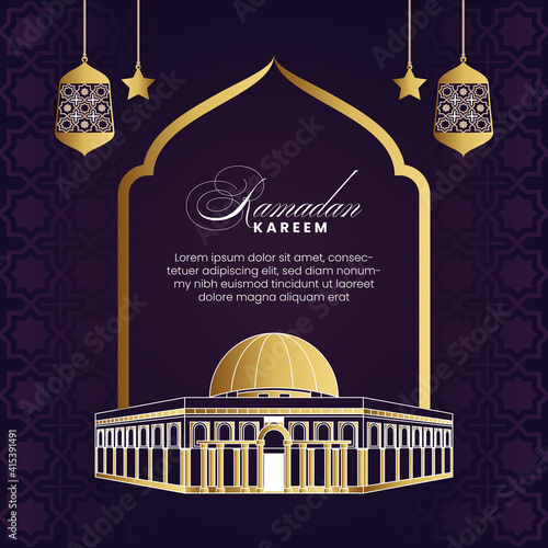 Elegant ramadan kareem calligraphy with mosque image and lanterns
