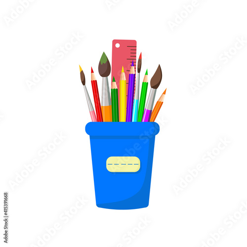 Pencils, brushes, ruler in stand, isolated on white background. Colorful Home and office stationery in blue stand. Pencil stand for website design, logo, ui. Cute vector illustration in cartoon style 