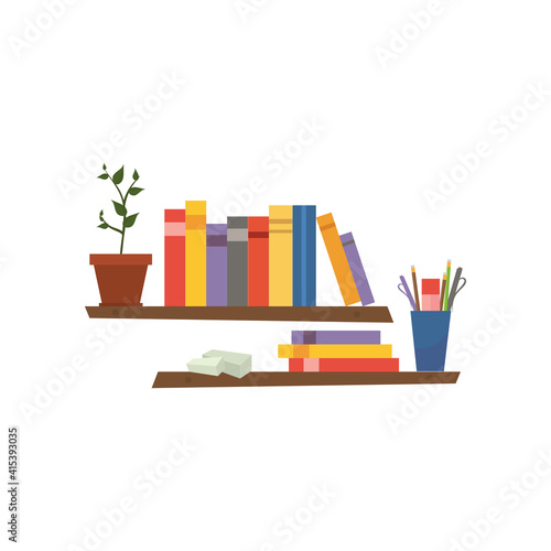 Illustration of a wooden shelf with books on a white background