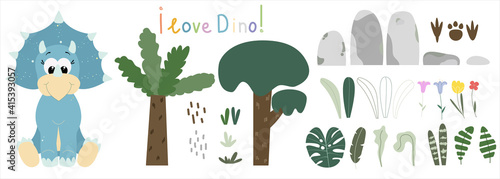Cute little Triceratops dinosaur with green tropical leaves, trees, stones, footprints and the inscription "I love Dino!" on a white background. Little blue dinosaur for t-shirt, baby clothes, poster
