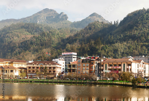 Sapa, Vietnam. January 14, 2018: Daytime view of the lake in the center of Sapa village, a popular tourist destination in North Vietnam, in Sapa
