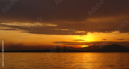 Penang Bridge view during the sunrise of George Town, Penang Malaysia.