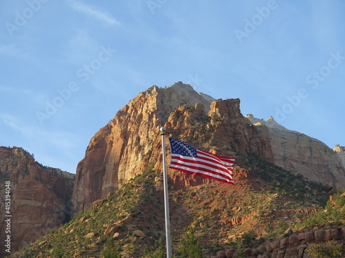 the American Flag in the Zion National Park in Utah in the month of November, USA