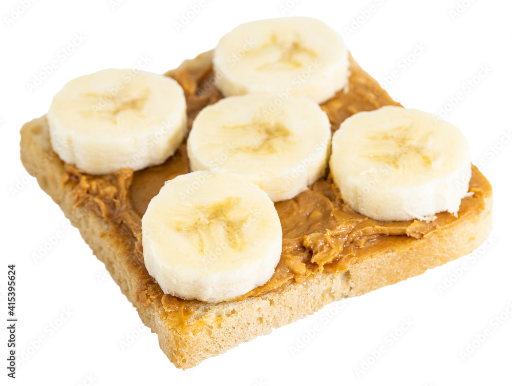 toast with peanut butter and banana isolated on white background toast with peanut butter and banana isolated on white background