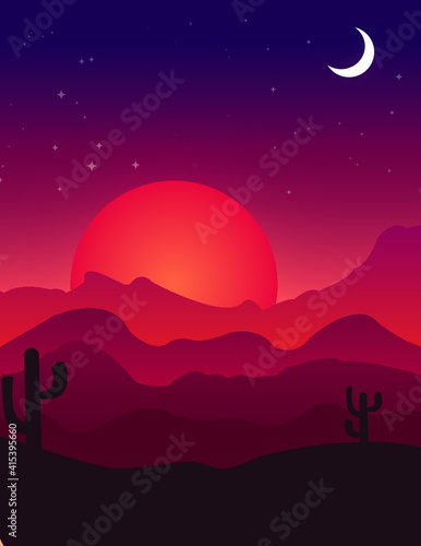 sunset in the mountains with mon and stars on the sky desert with cactus plants