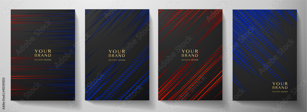 Modern black, blue, red diagonal stripe cover design set. Luxury creative dynamic line pattern. Formal premium vector background for business brochure, poster, notebook, menu template 