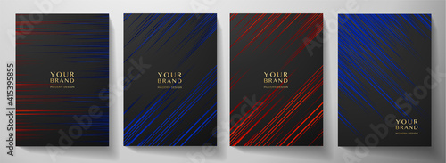 Modern black, blue, red diagonal stripe cover design set. Luxury creative dynamic line pattern. Formal premium vector background for business brochure, poster, notebook, menu template 