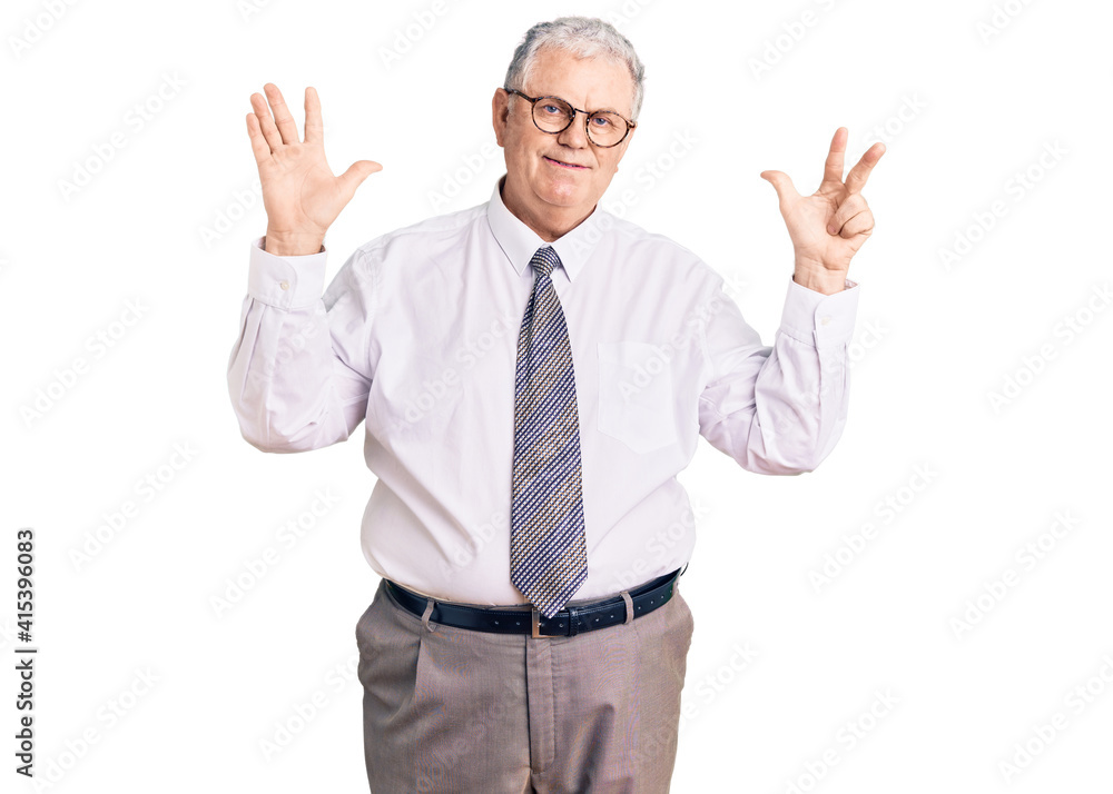 Senior grey-haired man wearing business clothes showing and pointing up with fingers number eight while smiling confident and happy. Senior grey-haired man wearing business clothes showing and pointing up with fingers number eight while smiling confident and happy.