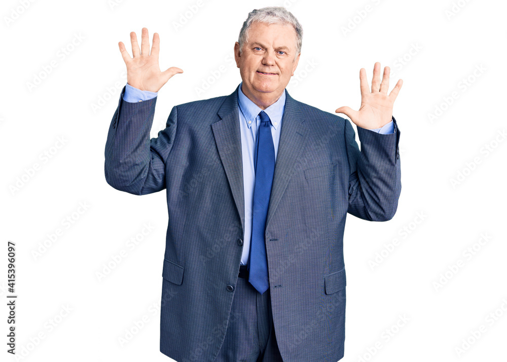 Senior grey-haired man wearing business jacket showing and pointing up with fingers number ten while smiling confident and happy. Senior grey-haired man wearing business jacket showing and pointing up with fingers number ten while smiling confident and happy.