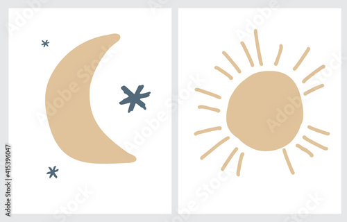 Cute Nursery Vector Illustrations with Hand Drawn Stars, Moon and Sun. Big Gold Sun Isoalted od a White Background. Starry Night Sky. Funny Scandinavian Style Prints ideal for Kids Room Decor.
