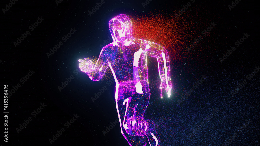 Abstract Running cyber man with purple particles. High quality photo Abstract Running cyber man with purple particles. High quality photo
