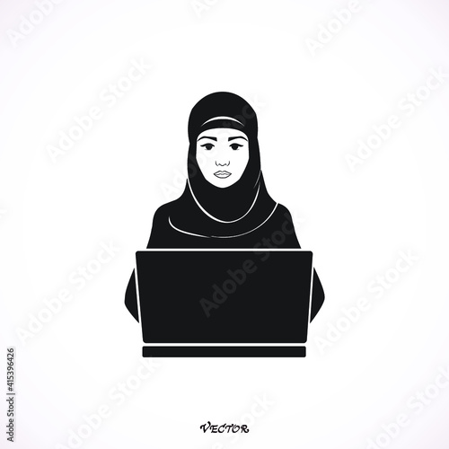 Business muslim woman Sitting  Office Working Place Laptop Back. Vector Illustration. 