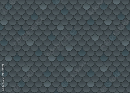 Vector seamless pattern of black roof tile. Dark grey shingles roof texture background. Gray roof tile for house covering. Vector illustration. Asphalt roof shingles.