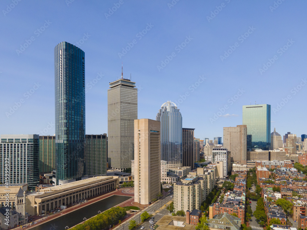 Fototapeta premium Boston Back Bay modern city skyline including John Hancock Tower, Prudential Tower, and Four Season Hotel at One Dalton Street in Boston, Massachusetts MA, USA.