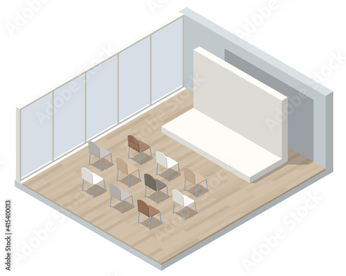Isometric lecture hall, lecture audience. An empty large lecture room or University classroom with chairs isolated on white.