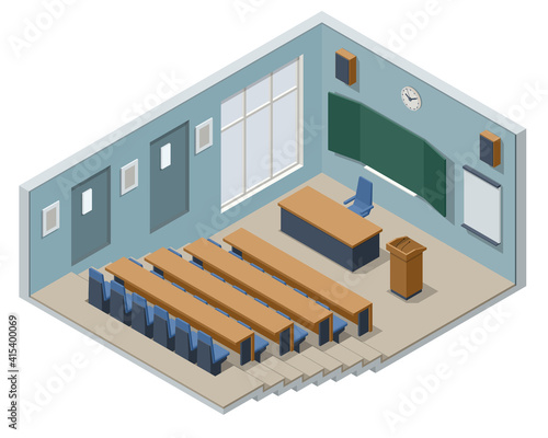 Isometric lecture hall, lecture audience. An empty large lecture room or University classroom with chairs isolated on white.