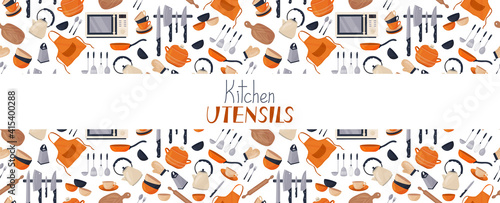 Vector banner with a variety of kitchen accessories. Kitchen utensils. Seamless background. Pot, kettle, knives, plates, cups...