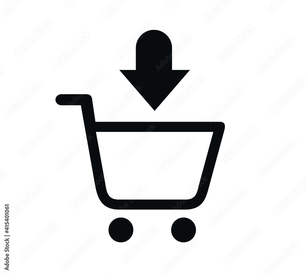 Black shopping cart with black down arrow sign. Simple icon isolated on white background. Black shopping cart with black down arrow sign. Simple icon isolated on white background.
