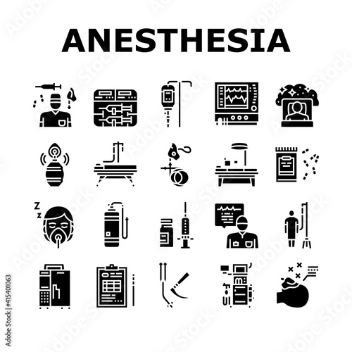Anesthesiologist Tool Collection Icons Set Vector. Syringe Pump, Anesthesia Machine And Heart Rate Monitor Anesthesiologist Equipment Glyph Pictograms Black Illustrations