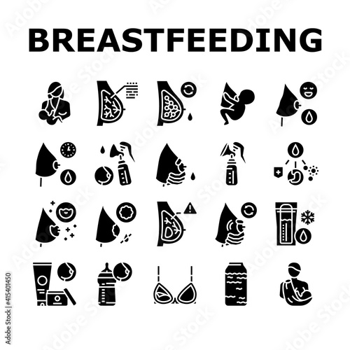 Breastfeeding Baby Collection Icons Set Vector. Newborn Child Feeding And Breastfeeding By Hour, Breast Pump And Silicone Pad Glyph Pictograms Black Illustrations